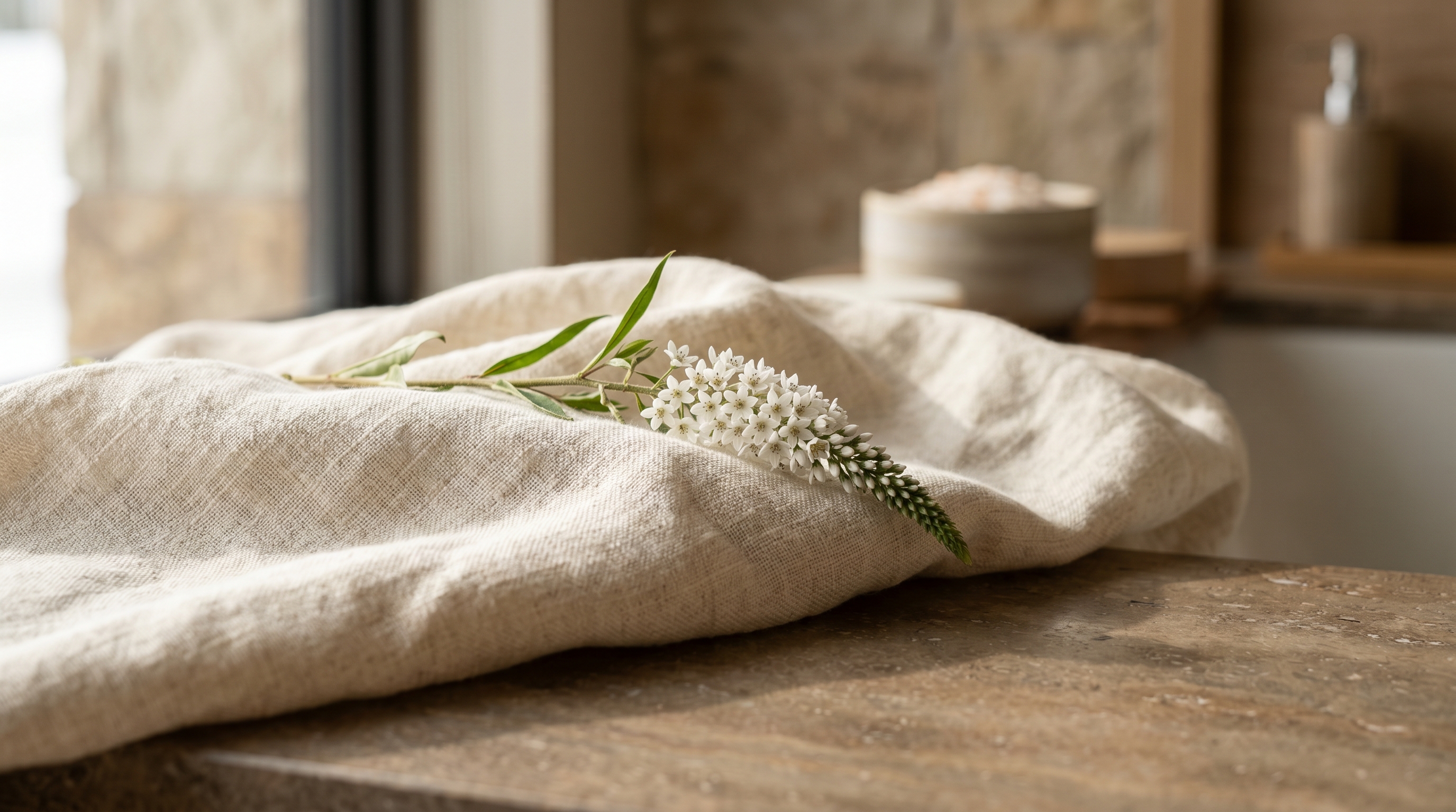 Quiet, elegant spa detail in cream and bronze tones