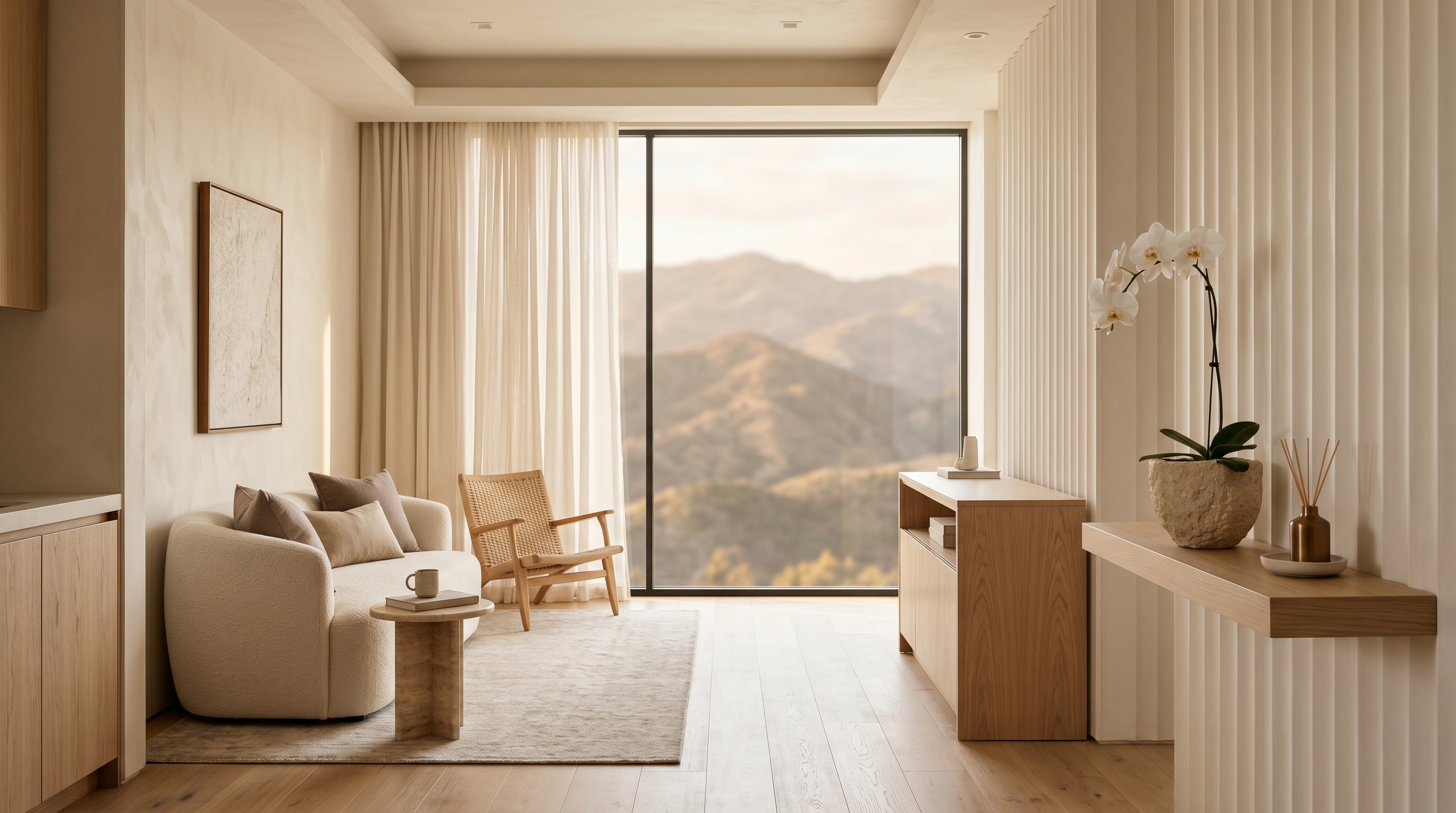 Warm, minimalist treatment space with mountain views